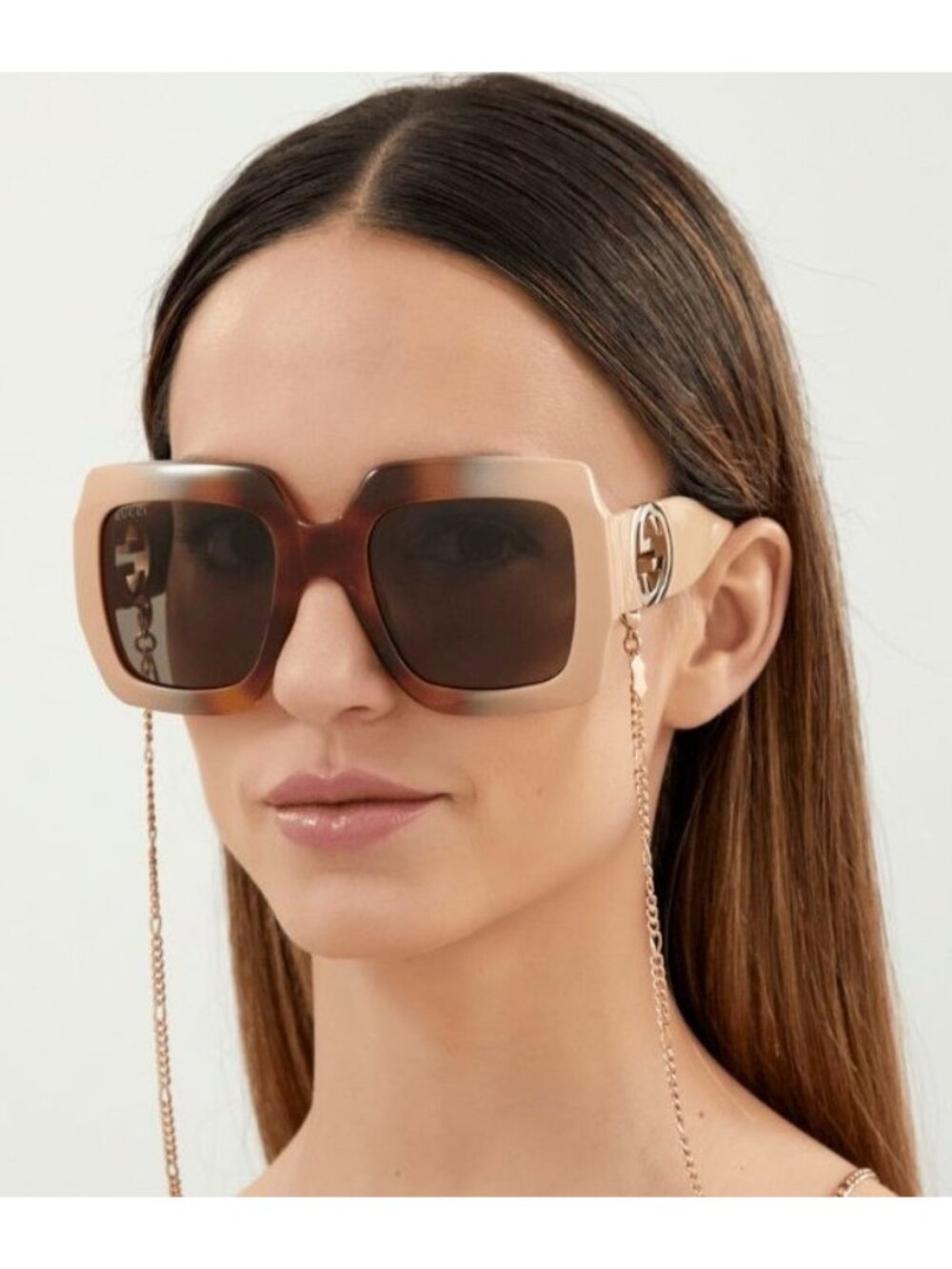 NEW GUCCI SUNGLASSES GG1022S 003 HAVANA WOMEN GUCCI OVERSIZED EYEWEAR WITH CHAIN - Picture 2 of 13